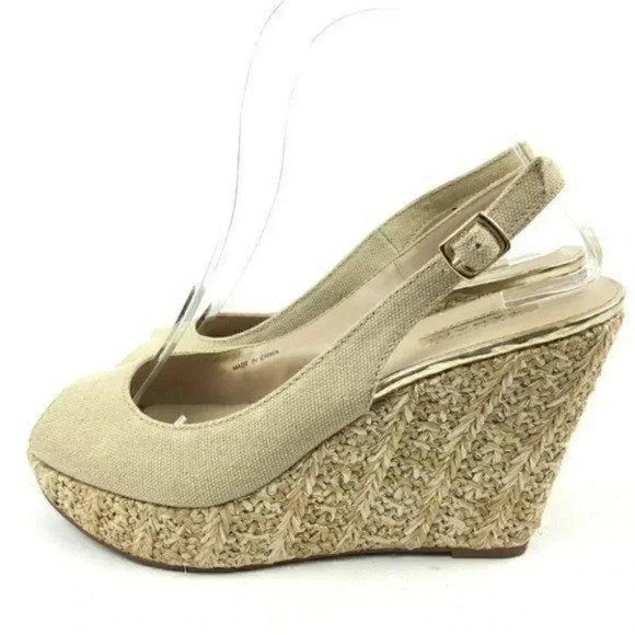 Tahari Sz 6 Taylor Canvas Platform Peep Toe Wedges - Picture 2 of 9